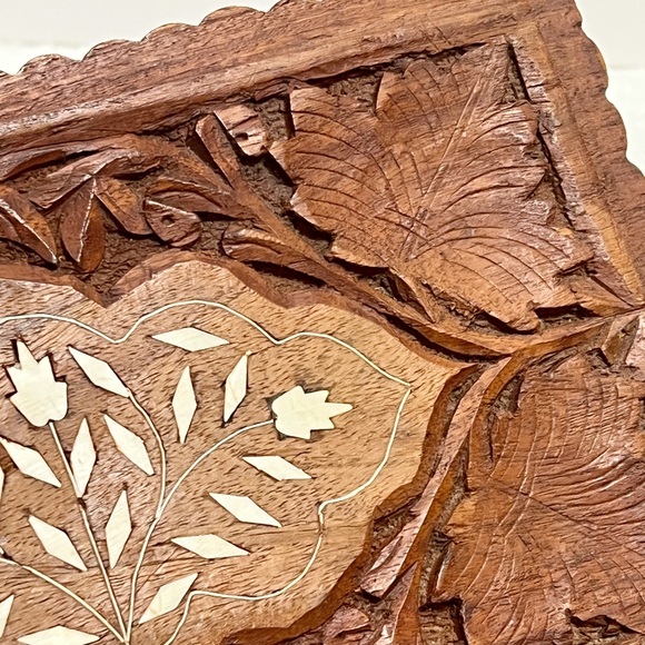 Wood Hand Craved Leaf Print Storage Box Junk Journal Supply Boho Organizer - Picture 8 of 13